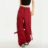 2024年新款 子 爵士跳舞宽松女秋冬酷飒风直筒红色运动裤 街头工装 裤