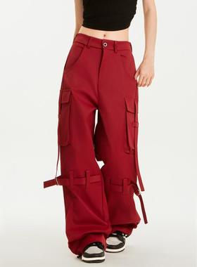 2024年新款街头工装裤爵士跳舞宽松女秋冬酷飒风直筒红色运动裤子