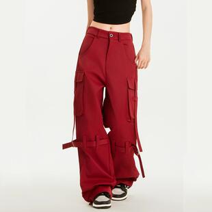 2024年新款街头工装裤爵士跳舞宽松女秋冬酷飒风直筒红色运动裤子