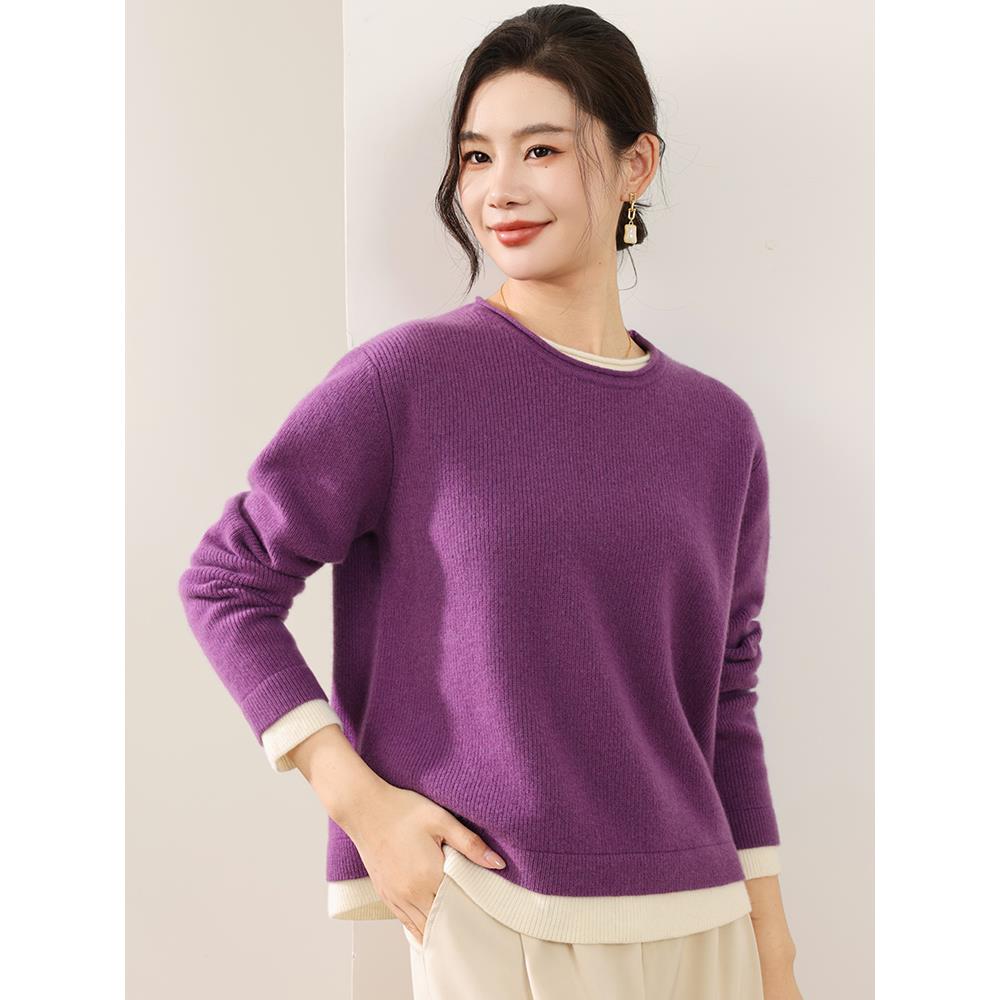 MONLOUVE层次感撞色圆领100纯衫女25秋冬宽松软糯亲肤毛衣保暖打
