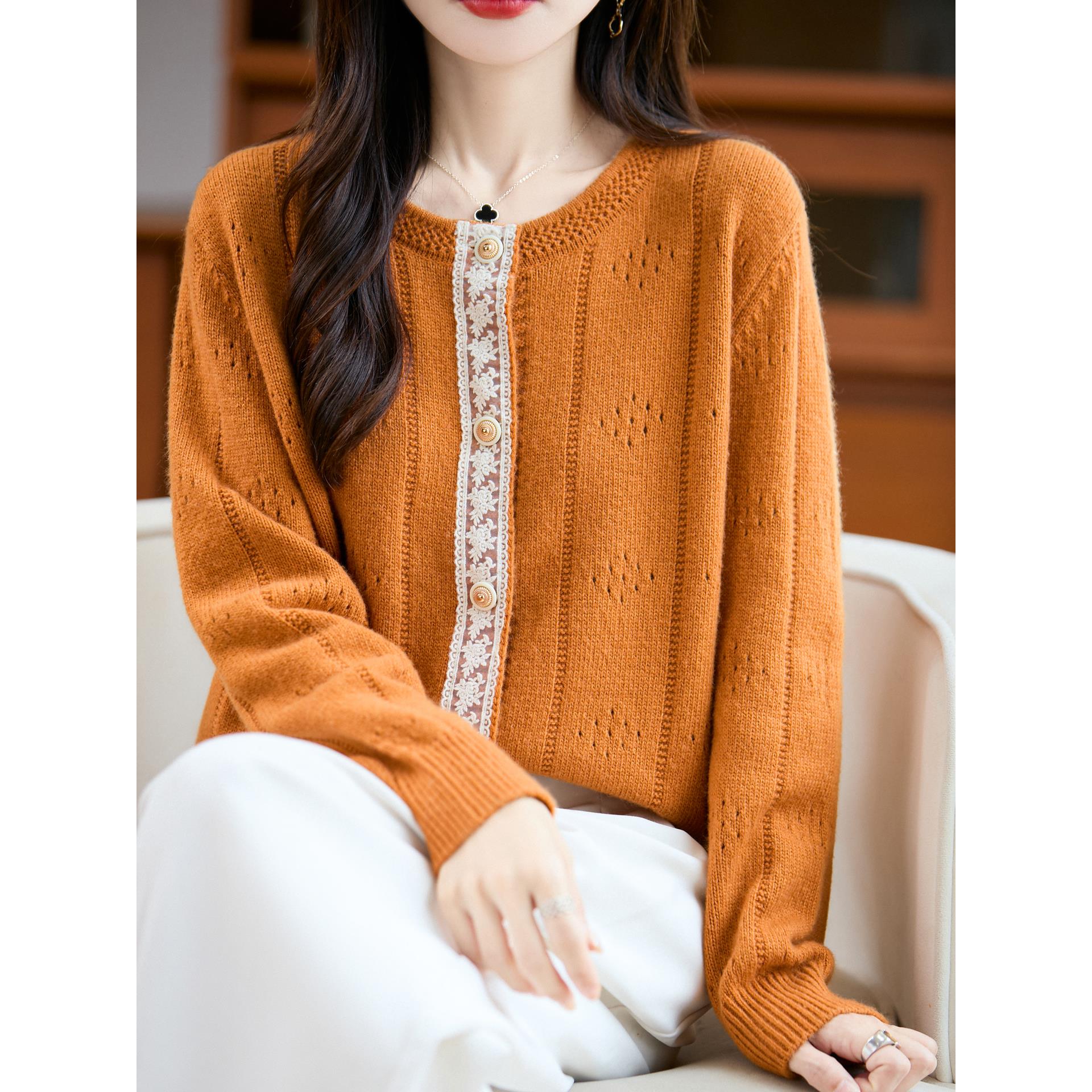 MONLOUVE法式蕾丝拼接针织开衫女2025秋冬小个子宽松加厚外套保暖