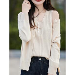 MONLOUVE法式100纯女针织叠穿开衫吊带25秋冬两件套保暖打底外套