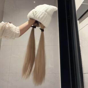 帽子假发女一体猫耳针织帽2026新款白金直发假发日常假发全头套