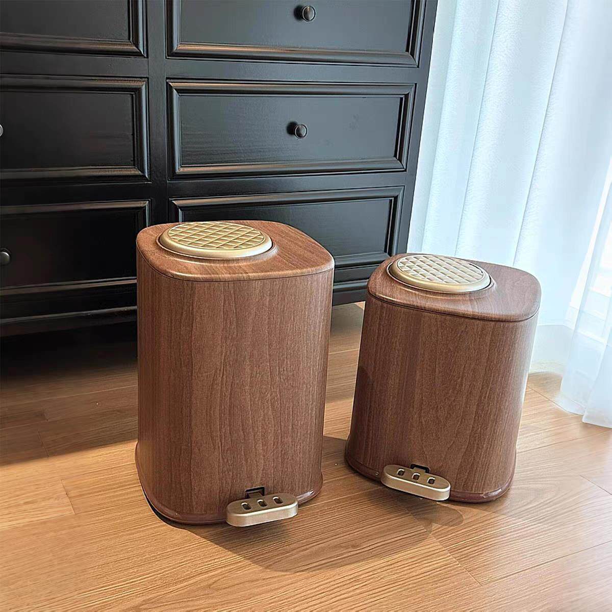 中古风木纹按压静音垃圾桶12L