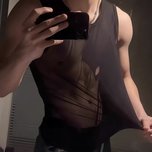 【猛男同款】网纱背心上衣男士性感透视无袖背心高弹薄纱运动健身