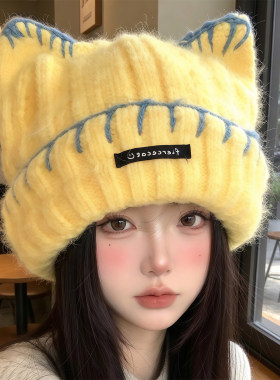 秋冬季可爱猫耳朵针织帽女小众时尚保暖包头帽百搭显脸小毛线帽子