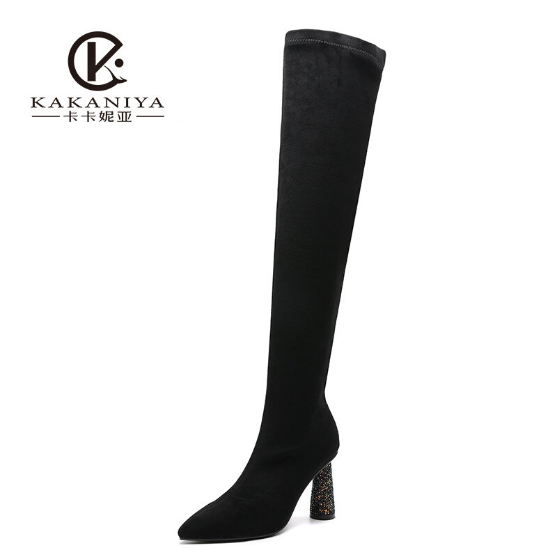 过膝长靴女2021年新款冬季加绒尖头粗跟弹力瘦瘦靴长筒r靴高跟靴e