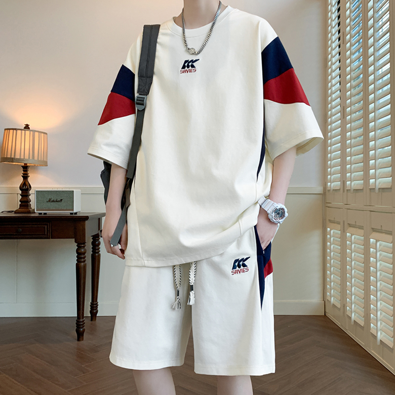宽松休闲运动套装男两件套夏季冰丝短袖T恤五分裤穿搭一整套衣服