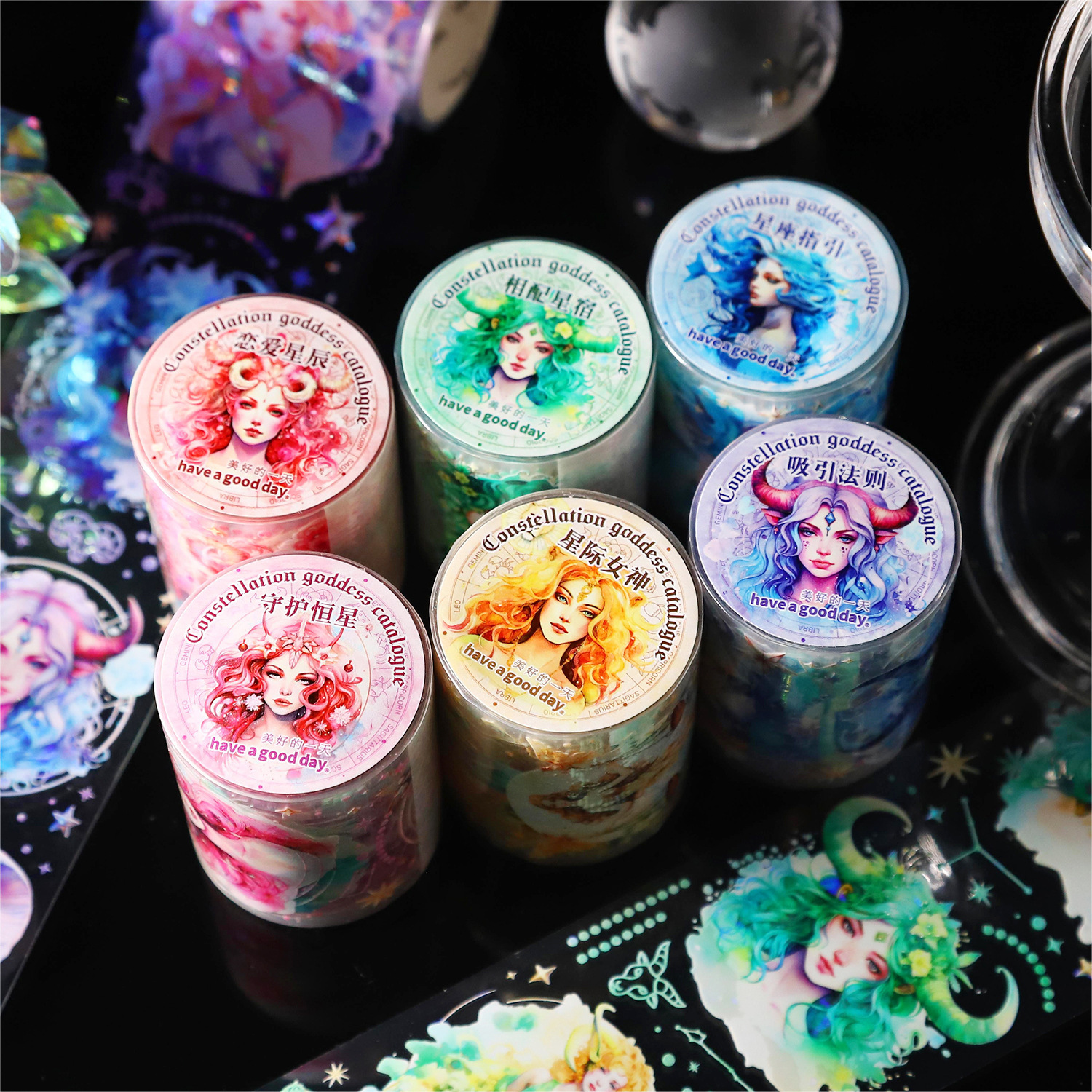 星座女神录系列贝壳光防水PET胶带 复古人物花卉手帐装饰素材贴画图片