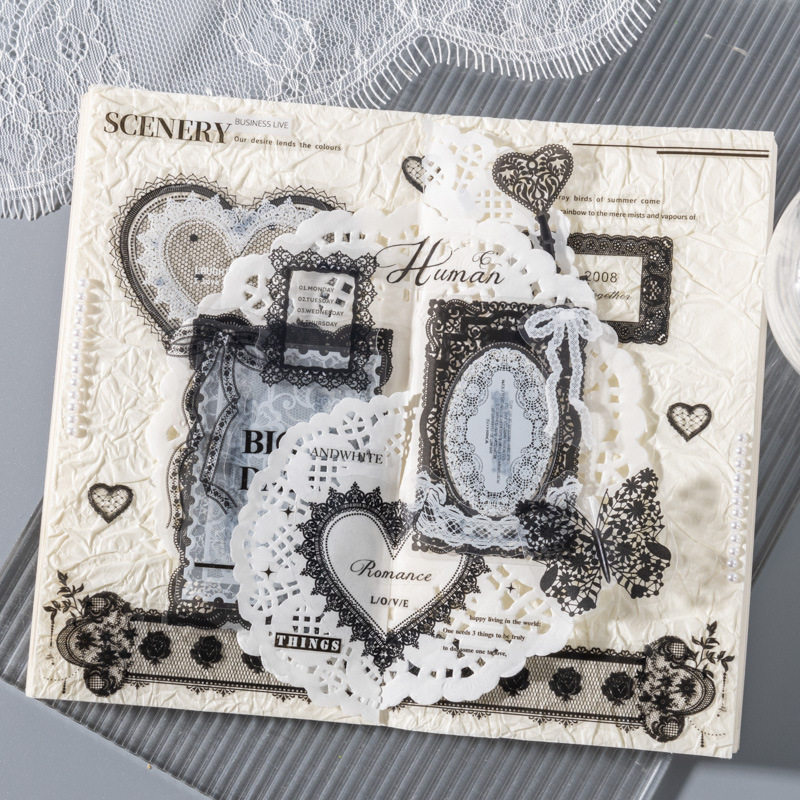 100张防水PET贴纸包 蕾丝学院系列 黑白蕾丝主题手账拼贴素材