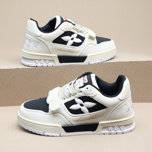 2025新款牛皮拼色系带圆头板鞋男女厚底内增高学生运动休闲鞋板鞋