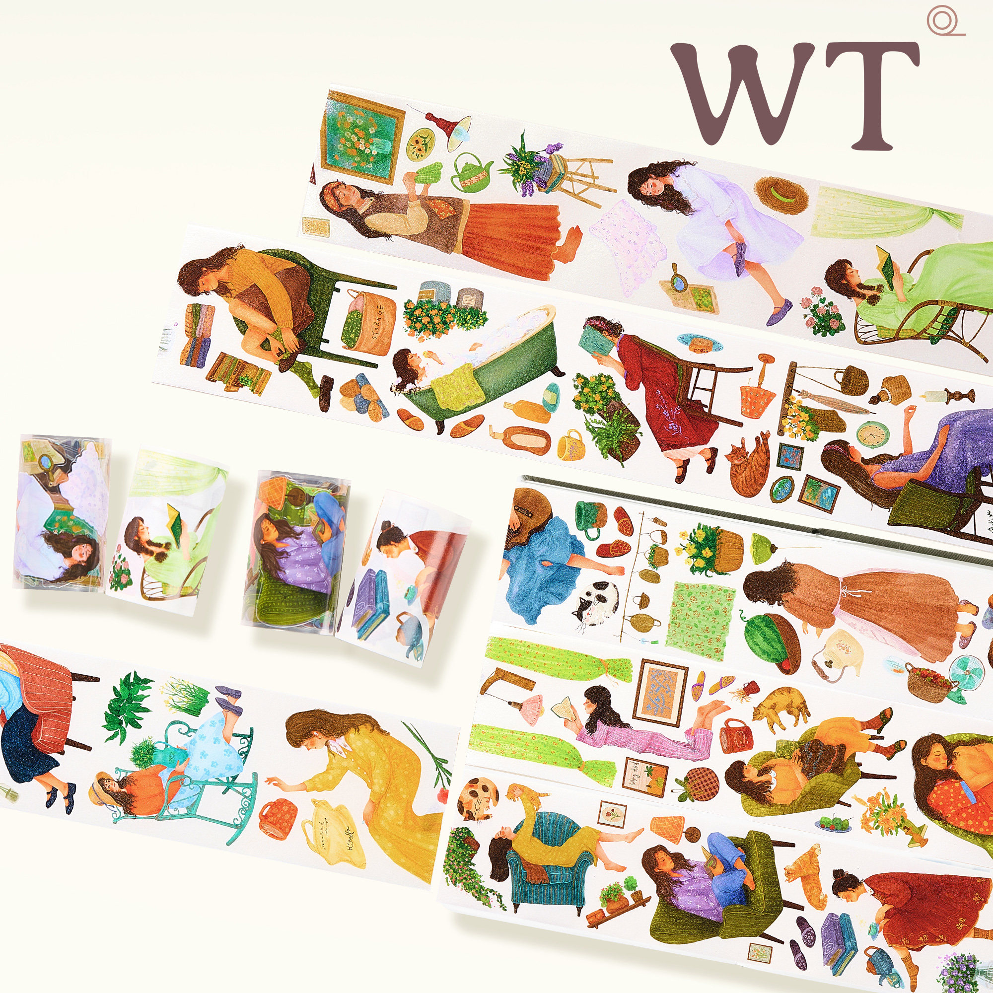 WT原创胶带 花间漫想 时间切片 模切女孩人物百搭日常手帐胶带INS