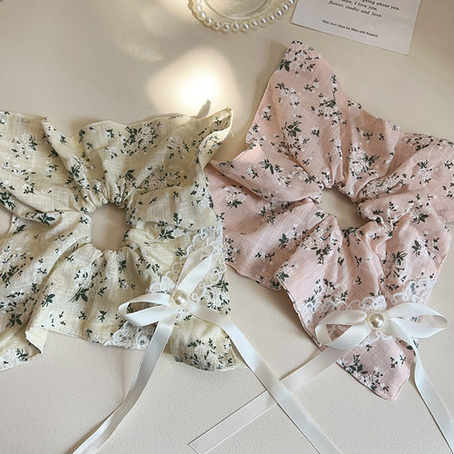 新款春夏豆沙绿色清新碎花大肠发圈纯棉蝴蝶结织带发绳头饰女