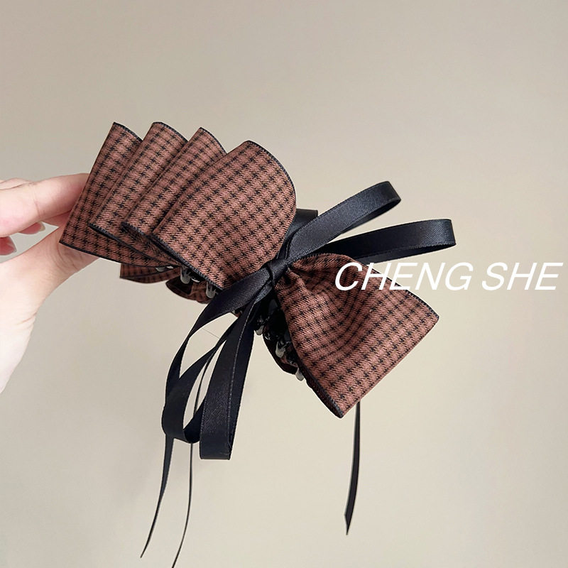 韩系格子蝴蝶结香蕉夹2025新款飘带款高低马尾竖夹一字横夹竖夹女