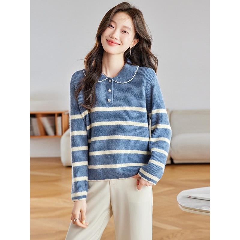 MONLOUVE针织衫女2025早秋季新款女装条纹娃娃领毛衣女短款宽松设