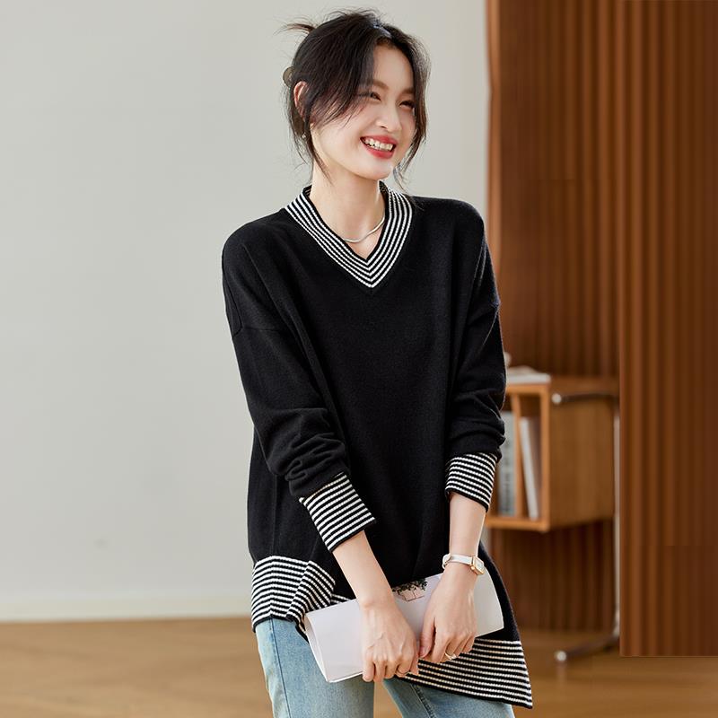 MONLOUVE毛衣女款秋冬季2025新款宽松遮肚子女装洋气百搭v领针织