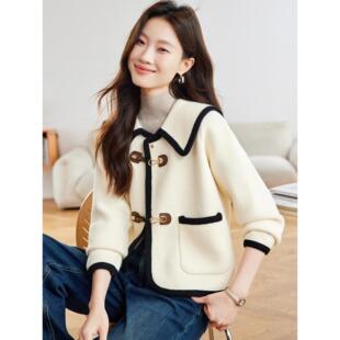 MONLOUVE红色翻领厚小香风外套女士2025秋冬新款今年流行爆款针织