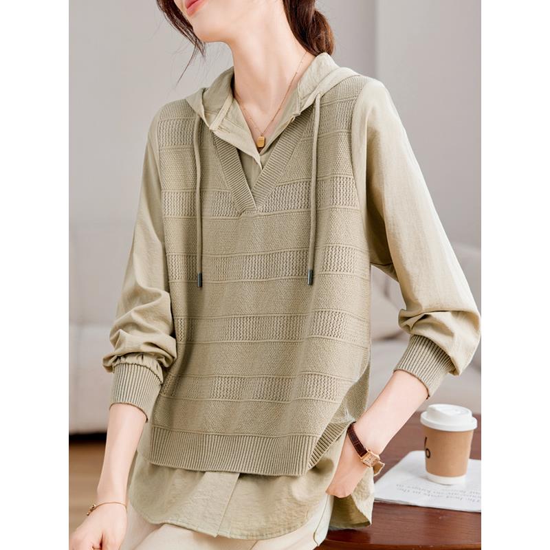 MONLOUVE2025秋季新款连帽遮屁股假两件针织衫女士上衣衬衫宽松遮