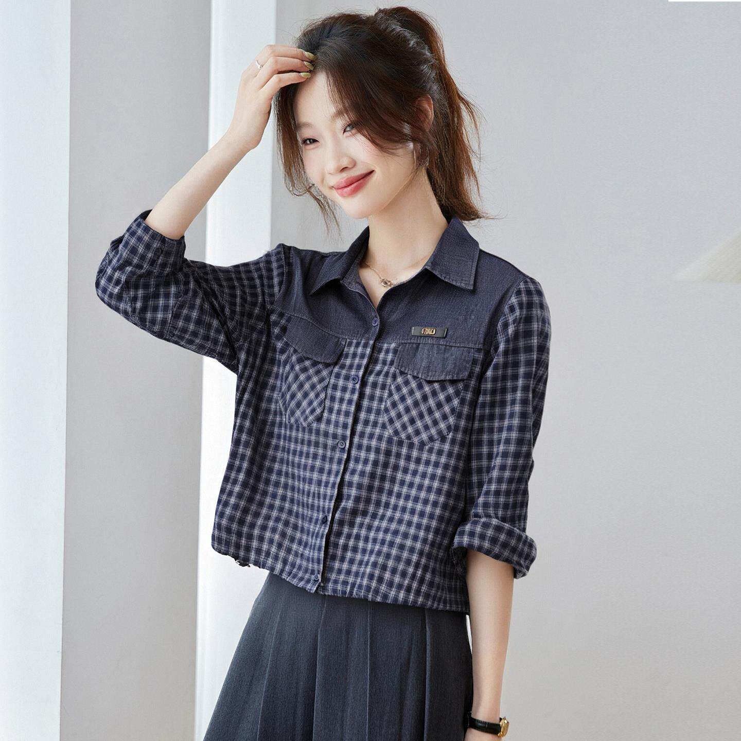 MONLOUVE格子衬衫女高级感轻奢减龄洋气长袖衬衣女款2025新款爆款