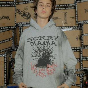sorrymama 2024AW 印花脏染做旧灰色连帽卫衣 BLACK8MOB