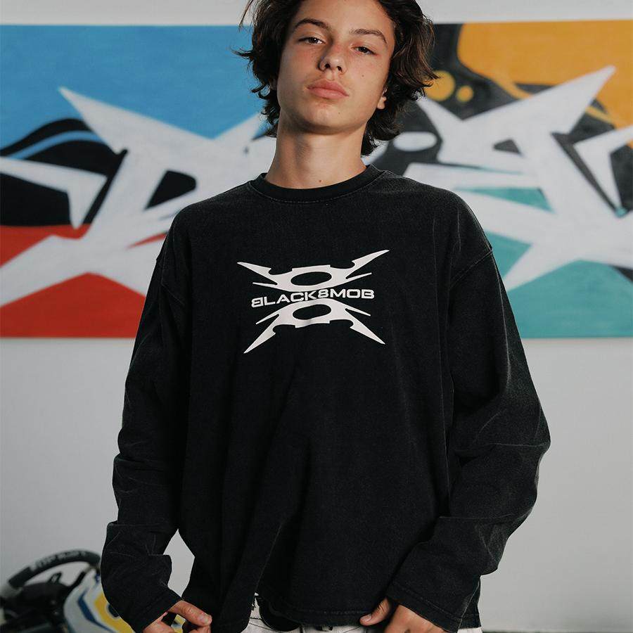 BLACK8MOB8字三色水洗长袖T恤