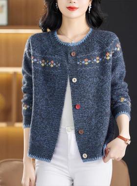 2025春秋新款花纱针织开衫大码女装宽松减龄毛衣外套短款毛衫外搭