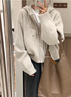 灰色拉链连帽毛衣外套女春秋2025新款高级感宽松短款针织开衫上衣