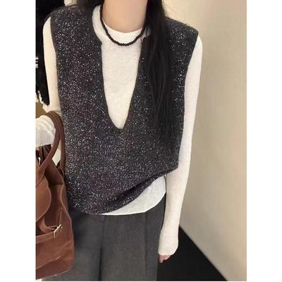 超好看法式气质亮片针织衫马甲毛衣宽松背心上衣2025春秋内搭上衣