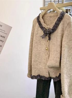 灰色设计感韩系格子领蝴蝶结毛衣开衫女春小香风减龄气质针织上衣