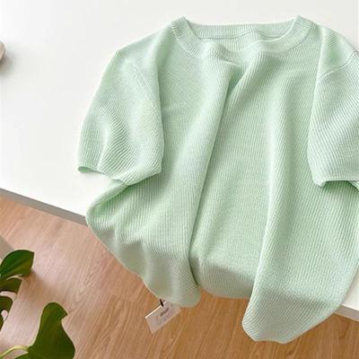 夏季温柔2025新款冰丝短袖针织T恤女高级感短款薄荷绿色正肩上衣