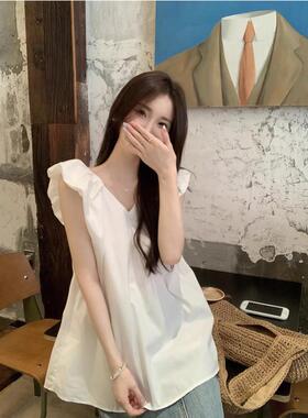 法式慵懒风白色v领无袖衬衫背心女夏中长款露背娃娃衫小飞袖上衣