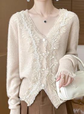 蕾丝v领白色针织打底衫女开衫春秋新款2025洋气长袖短款毛衣上衣