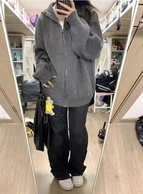 韩版灰色连帽针织开衫女秋冬新款慵懒风宽松毛衣外套百搭拉链上衣