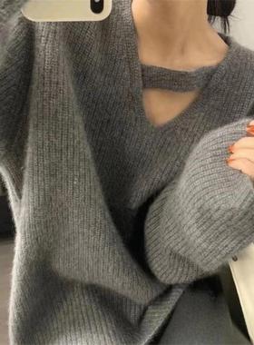 设计感灰色v领锁骨针织衫女2025年秋冬季新款套头长袖慵懒风毛衣