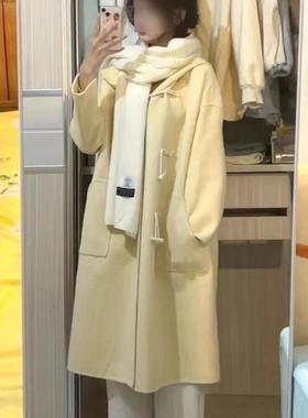 高级感黄色呢子大衣女中长款秋冬装洋气连帽小个子牛角扣毛呢外套