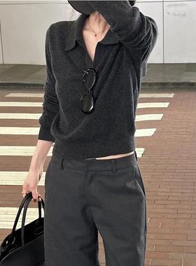 深灰色老钱风针织衫女早秋穿搭高级感polo衫秋冬2025新款长袖上衣