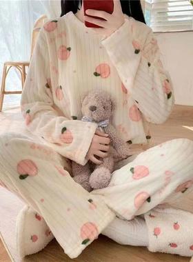 2025冬季家居服女可外穿珊瑚绒保暖印花加厚长袖家居休闲暖暖套装