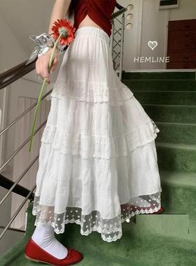 白色设计感蕾丝花边蛋糕裙半身裙女夏季高腰法式长裙大摆裙A字裙