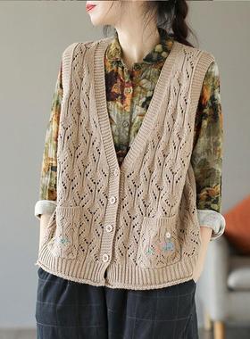 2025年春夏新款文艺复古镂空马甲V领无袖棉线针织上衣马夹女外套
