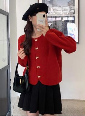 新年红色蝴蝶扣气质小香风毛衣开衫女春秋新款温柔显瘦针织衫外套