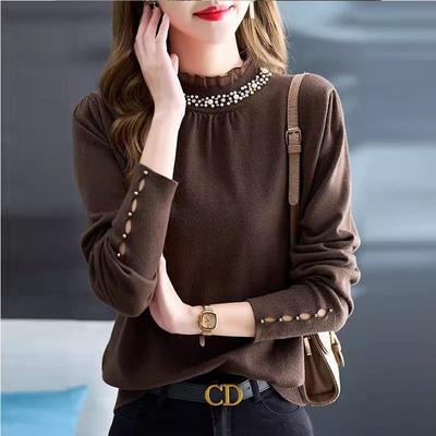 2025年蕾丝钉珠针织打底衫女春秋季新款长袖宽松洋气毛衣内搭上衣