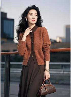 小香风针织开衫女春秋2025外搭拼色短款上衣洋气宽松红色毛衣外套