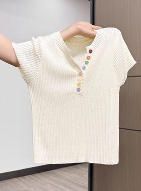 黄色多巴胺半开领纽扣设计感针织短袖T恤女2025夏季新款修身上衣