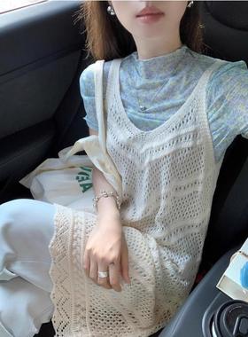 2025夏季新款女士时尚流行针织镂空吊带连衣裙中长款叠穿防晒罩衫