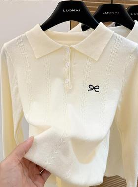 2025春秋新款蝴蝶结刺绣麻花POLO领毛针织衫女套头百搭学生上衣潮