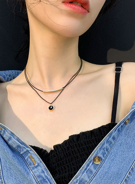 双层皮绳水晶锁骨链黑色暗黑系欧美风项链女ins冷淡风卫衣锁骨链