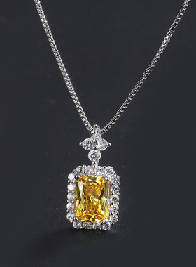 新款高档珠宝豪华镶嵌彩宝流行高碳黄钻6*8长方女式吊坠项链饰品