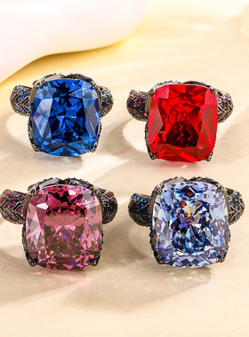 2024珠宝S925银镀18K金复古刚玉黑金轻奢戒指女款14*16指环戒圈