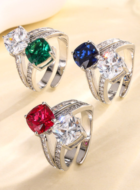 新款高档生生珠宝镀18K金彩宝刚玉肥方双色石气质戒指女8*8饰品