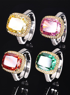 新款高档珠宝高碳钻冰花方钻镀18K金气质轻奢肥方戒指女10*12